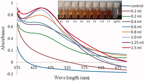 Figure 2. Optimization of AgNPs synthesis; constant of 1.0 mM AgNO3 (5.0 ml) with different volume (0.1, 0.2, 0.4, 0.6, 0.8, 1.0, 1.25 and 1.5 ml) of diluted neem latex.