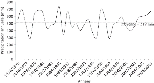 Fig. 3 Variation inter-annuelle des précipitations: station Bellah RN 11 (de 1974/75 à 2006/07).