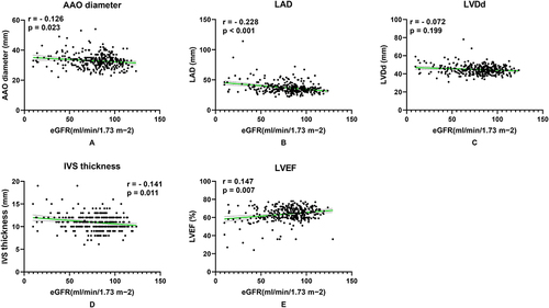 Figure 2 Univariate correlations between the changes of left heart structure and function and renal damage. (A) eGFR was negatively related to AAO diameter. (B) eGFR was negatively related to LAD. (C) eGFR was negatively related to LVDd, but p > 0.05. (D) eGFR was negatively correlated with IVST. (E) eGFR was positively related to LVEF.