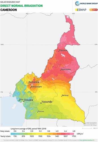 Figure 1. Solar irradiance map of Cameroon (Solargis, Citation2022).