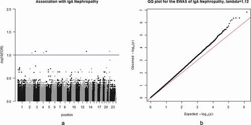 Figure 2. Association with IgA nephropathy (a). Manhattan plot for the association with IgA nephropathy. The blue line corresponds to the threshold of epigenome-wide significance (FDR = 0.1) (b). QQ plot for the EWAS of IgA nephropathy, lambda = 1.12