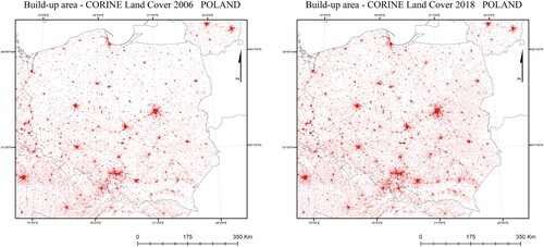 Figure 2. Build-up areas in Poland. (a) 2006, (b) 2018.