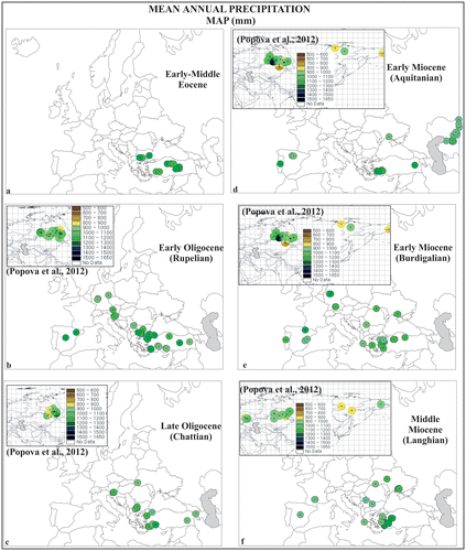 Figure 8. Mean annual precipitation in the Europe and Anatolia: (a) Eocene, (b) Rupelian, (c) Chattian, (d) Aquitanian, (e) Burdigalian and (f) Langhian and legend of Figure 9.