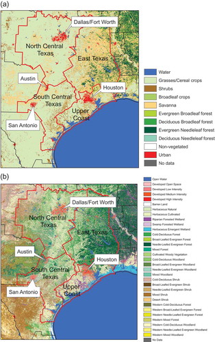 Figure 1. (a) MODIS Land Cover Type 3 Product (MCD12Q1) over eastern Texas for 2011. (b) Thirty-six land cover/land use types in eastern Texas developed for the TCEQ by Popescu et al. (Citation2011). Developed metropolitan areas are shown in red.