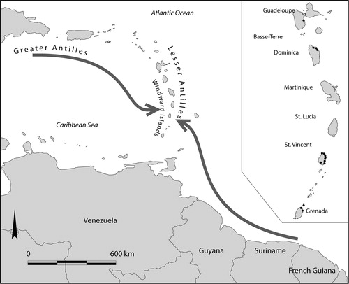 Figure 1. Map of the Caribbean with inset of the southern Lesser Antilles showing the location of specific islands and sites discussed in the text (Map by Menno Hoogland).