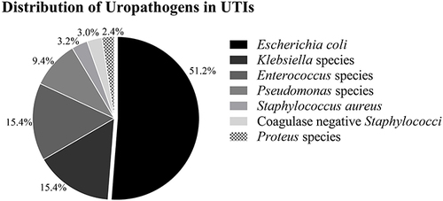 Figure 1 Distribution and prevalence of bacterial isolates in UTIs. Distribution of most prevalent (%) uropathogenic bacteria among the total number of isolates (n=572) from UTIs. Escherichia coli were the most prevalent (51.2%) among the UTIs pathogens followed by Klebsiella species (15.4%), Enterococcus species (15.4%), Pseudomonas species (9.4%), Staphylococcus aureus (3.2%), Coagulase-negative Staphylococci (CoNS) (3.0%) and Proteus species (2.4%) Bacterial isolates presented were significantly associated with UTI (p-value was < 0.000).