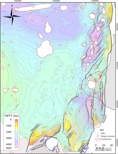 Figure 19. Structure Contour map of Taranaki Basin, showing TWTT (ms) to the Early Whaingaroan erosion surface and its correlative conformity. This map was prepared from an in-house Todd Energy database. In some areas the erosion surface (named unconformity in the map Key) is mapped as the top of the underlying stratigraphic unit and elsewhere as the base of the overlying stratigraphic unit, depending upon the more pronounced reflector marking the erosion surface. In the Taranaki Peninsula area the structure contour surface is the top Mangahewa Formation and in southern Taranaki Basin the surface is the top Kapuni Group or Pakawau Group, or top of basement progressively farther south from Taranaki Peninsula. Beyond the erosion surface in southern Taranaki Basin, the surface mapped is the base of the Late Oligocene (Waitakian) horizon; in North Taranaki Basin and elsewhere it is the base of the Oligocene horizon following King and Thrasher (Citation1996).