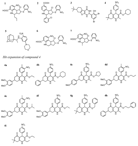 Chart 1. Chemical structures of the allosteric inhibitors 1–7 and those resulting from the hit expansion of compound 4.