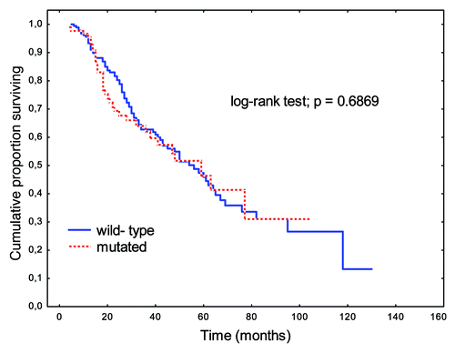 Figure 1. Overall survival (OS) rates in patients with K-Ras gene mutations relative to those with wild-type gene.