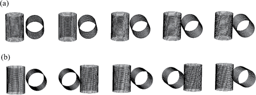 Figure 2. Modeled 5 layers of screen filter: (a) the uniform arrangement and (b) the arrangement when each layer has mirrored orientation to each other.