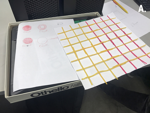 Figure 9A From prototype to play. (A) Early prototype of a tactile Othello board game designed by middle school students, including sketches of tactile game pieces and a tactile game board created with paper and Wikki Stix.