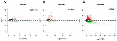 Figure 1 Volcano plots of differentially expressed lncRNA (A), miRNA (B) and mRNA (C) in AFP-negative HCC. Red dots indicate genes significantly upregulated and green indicates genes significantly downregulated.