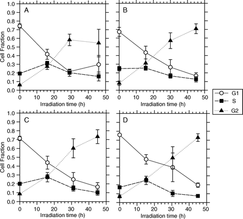 Figure 6.  Flow cytometric measurements of cell nuclei illustrating the fraction of cells in G1, S and G2 phase for T-47D cells as a function of the total irradiation time when irradiated by 4 different PDR schedules. A) 1.42 Gy/h and 1 pulse/h, B) 1.42 Gy/h and 1 pulse/4h, C) 3.17 Gy/h and 1 pulse/h, D) 3.17 Gy/h and 1 pulse/4h.