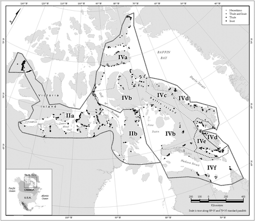 Figure 4 Distributions of archaeological sites for climate Regions II and IV associated with Neo-Eskimo, Thule/Inuit, Thule, and Inuit cultural affiliations from the Archaeological Sites Database.