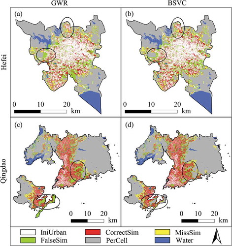 Figure 7. The 2013 simulation successes and errors for CAGWR and CABSVC with selected regions: (a) Hefei’s urban sprawl simulated by CAGWR; (b) Hefei’s urban sprawl simulated by CABSVC; (c) Qingdao’s urban sprawl simulated by CAGWR; and (d) Qingdao’s urban sprawl simulated by CABSVC.