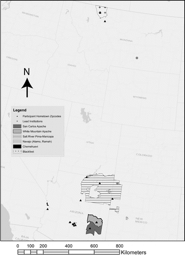 FIGURE 2: Location of participating institutions and hometown zip codes of participants (map: Hannah Clark; projection: Lambert Conformal Conic).