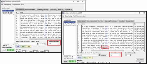 Figure 2. Concordance results of discourse markers oye and mira in a corpus of the Spanish TV series Siete Vidas