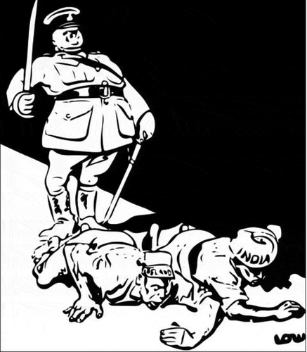 Figure 1. A cartoon by sir David low titled as “progress to liberty—Amritsar style” originally published in December 1919 in the star newspaper (Cartoon published in Citation1919 commenting on events at Amritsar, 1919)