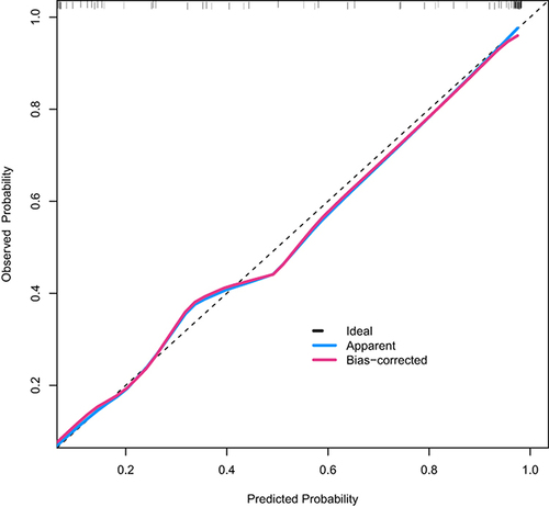 Figure 7 Calibration curve of the nomogram model.