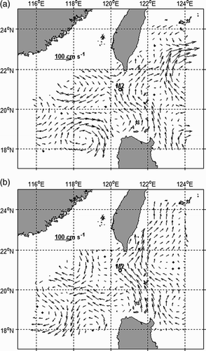 Fig. 7 Geostrophic currents (cm s−1) calculated from the merged absolute dynamic topography on (a) 15 October and (b) 17 December 2008. Data over the shelf shallower than 500 m have been masked.