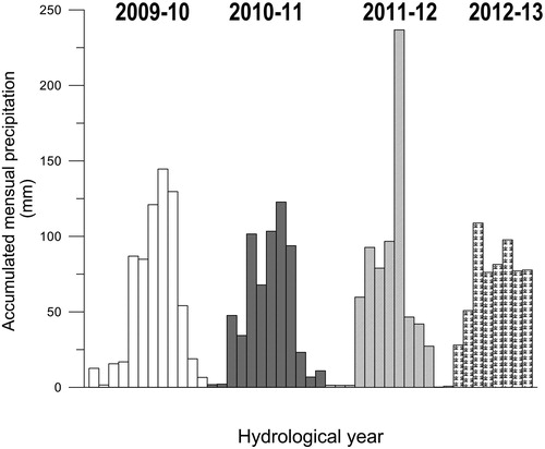Figure 7. Accumulated monthly precipitation at San Antonio River basin during the hydrological years of 2009-10, 2010-11, 2011-12 and 2012-13. Values were estimated from measurements of 11 pluviometer stations along the basin and calculated by Thiessen polygon method.