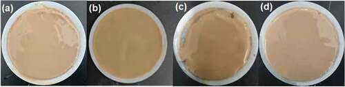 Figure 9. Photos of mud cake obtained from filtration test, (a) base mud (BHR), (b) base mud/NS-D (BHR), (c) base mud (AHR), (d) base mud/NS-D (AHR)