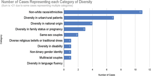 Figure 3. Number of cases where each category of diverse identity is portrayed. Note that only 21/49 cases included at least one category; some cases represented multiple categories.