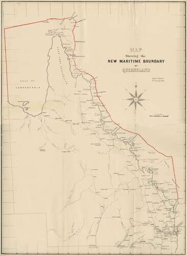 Figure 2. Map Shewing the New Maritime Boundary of Queensland, Letters Patent, 10 October 1878, depicting Queensland’s proposed maritime boundary in red as ratified by the Queensland Coast Islands Act 1879 and all islands off the Queensland coastline, including the Great Barrier Reef and Torres Strait Islands, which were placed within the colony’s jurisdiction as a result of the Act, courtesy of the Department of Natural Resources Mines and Energy
