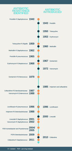 Figure 1 A timeline of development of antibiotic resistance. Based on Ventola.Citation1