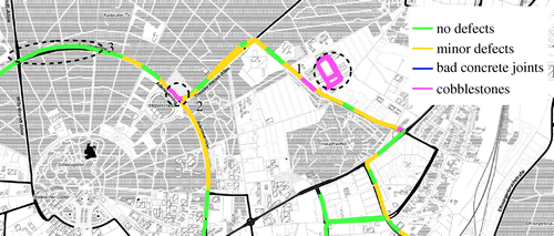 Figure 3. Visualization of the classified road condition in the urban area of Karlsruhe.