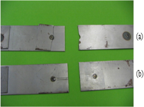 Figure 2. Specimens welded by spot and broken in two distinct modes of rupture (a) by cracking one of the two sheets, (b) by shearing the core of the welded point.