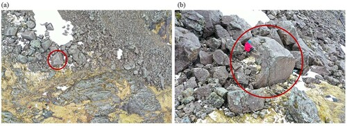 Figure 5. (a) a single image capture above the main gully feature in Coire na Ciste showing anomalously large and angular boulders arranged linearly. Close up image of Boulder 4 shown in (b).