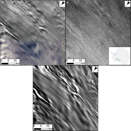Figure 2. Comparison of the three sources of data used for mapping. Images of Ice Stream D, ice flow is from the top left of the image to bottom right. (A) Landsat ETM+ image (15 m resolution). (B) RADARSAT SAR image (25 m resolution). (C) MODIS mosaic image (125 m resolution). Features in this area are possibly clearest upon the MODIS imagery. However, there is a high level of agreement between all the images.