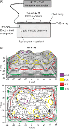 Figure 4. (A) Schematic diagram of the experimental setup for measuring SAR pattern at 5 mm depth inside muscle tissue equivalent liquid phantom irradiated with 915 MHz from a 6-element sub array of a CMA applicator; (B) SAR pattern with intervening 0.275mm thick TMS-250 sheet, superimposed above the outline of the 6 DCC antennas; (C) SAR pattern without TMS sheet.