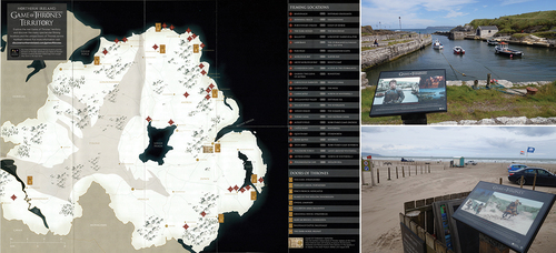 Figure 2. Map of ‘Game of Thrones Territory’, showing filming locations, 'Doors of Thrones' and 'Game of Thrones Tapestry' (left); interpretation boards at Ballintoy Harbour (right top) and Portstewart (right bottom).