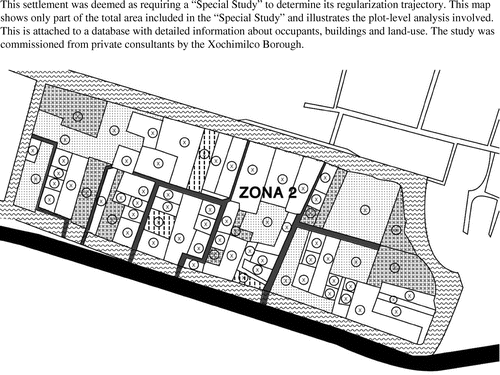 Figure 2. Mapping of little polygons as part of “doing regularization”, Xochimilco, Mexico City. Source: Based on Gobierno del Distrito Federal (2007) Estudio Específico. [Name of settlement removed]. Unpublished report. México DF.