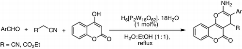 Scheme 26. Three-component synthesis of 2-amino-5-oxo-dihydropyrano[3,2-c]chromene derivatives.