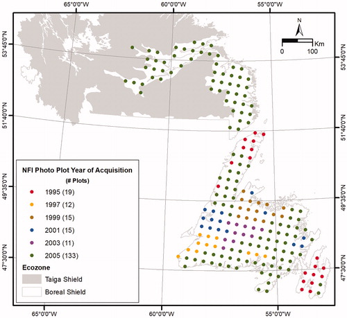 Figure 1. Distribution of National Forest Inventory photo plots by year of aerial photography acquisition within the Boreal Shield Ecozone of Newfoundland and Labrador, Canada.