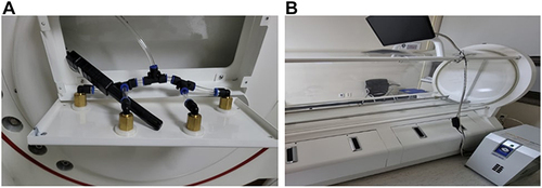 Figure 4 (A) Changes in oxygen supply method (B) Cooler application. Optimization of monoplace hyperbaric chamber. A flow function according to the carbon monoxide concentration value was added, and an air break system application method was configured. The oxygen supply method was changed in the direction of the patient’s face so that the patient. A cooler was applied to control the temperature inside the chamber, and a smartphone remote function was used.