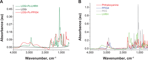 Figure S1 FTIR-ATR characterization of LOGr-Pc-LHRH.Notes: (A) FTIR-ATR spectra of nonmodified LOGr (black line), LOGr-Pc-PPIG4 (red line), and LOGr-Pc-LHRH (green line). (B) FTIR-ATR spectra of controls: Pc (red line), PPIG4 (blue line), PEG (gray line), and LHRH (green line).Abbreviations: FTIR-ATR, Fourier transform infrared-attenuated total reflectance; LHRH, luteinizing hormone-releasing hormone; LOGr, low-oxygen graphene; Pc, phthalocyanine; PEG, poly(ethylene glycol); PPIG4, polypropylenimine generation 4.