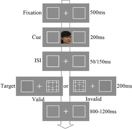 Figure 1. Examples of the stimuli and procedures in experiment 1. There were two types of non-informative dynamic face cue (self vs. friend).