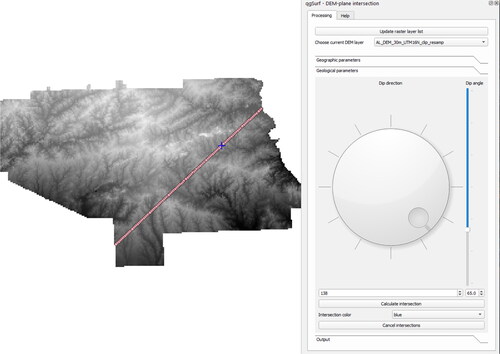 Figure 94. Spatial analysis computing the intersection between a DEM and an inclined plane with the QGIS plugin qgSurf.