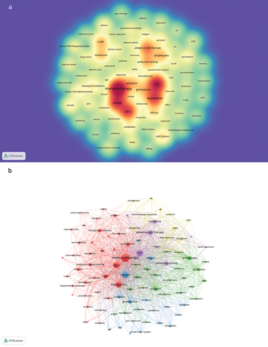 Figure 6. The co-occurrence density map (a) and network (b) of keywords about the research of CAR-T cells in solid tumors.