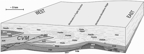Figure 6. Sketch showing relationships between the Messinian-Pliocene deposits and the CVM in the southeastern part of the geological map. The dashed lines indicate the main stratigraphic unconformities: LM-1 and LM-2: intra-Messinian unconformities; MP: Miocene-Pliocene limit. Thickness of lithostratigraphic units are approximate.
