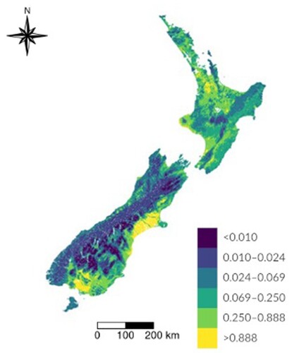 Figure 2. Modelled median concentrations of nitrate-nitrogen (g/m3) in waterways of Aotearoa New Zealand, 2013–2017 (CC BY-SA 4.0, Ministry for the Environment and Statistics New Zealand Citation2019).
