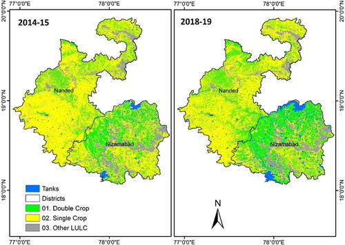 Figure 11. Spatial distribution of crop intensity in Nizamabad and Nanded districts, 2014–15 and 2018–19.