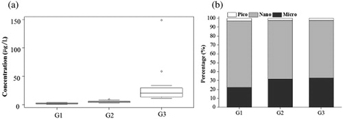 Figure 3. (a) Chlorophyll a concentration and (b) the percentage of each size fraction of phytoplankton in G1 (West River), G2 (central Pearl River Delta) and G3 (Guangzhou city center).
