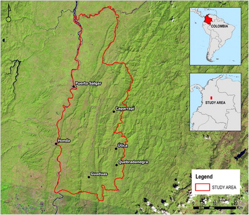 Figure 1. Study area (red polygon). Lower Magdalena region, Cundinamarca, Colombia.