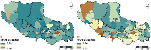 Figure 6. Proportion of NSCRB in Tibet in 2010 (a) and 2020 (b).