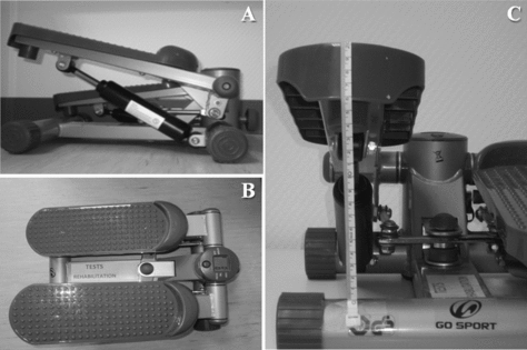 Figure 1.  Photography (A: side view, B: top view, and C: back view) of the stepper (Go Sport®, Grenoble, France).